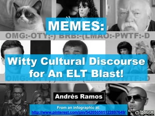 MEMES:
Witty Cultural Discourse
for An ELT Blast!
Andrés Ramos
From an infographic at:
http://www.pinterest.com/pin/542050505122897649/
 