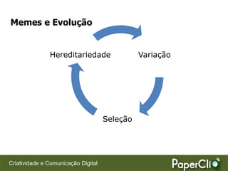 Memes e Evolução


               Hereditariedade                 Variação




                                     Seleção




Criatividade e Comunicação Digital
 