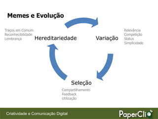 Memes e Evolução

Traços em Comum                                             Relevância
Reconhecibilidade                                           Competição
Lembrança           Hereditariedade              Variação   Status
                                                            Simplicidade




                                     Seleção
                              Compartilhamento
                              Feedback
                              Utilização



Criatividade e Comunicação Digital
 