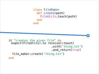 class FileMaker
def create(path)
FileUtils.touch(path)
end
end

it "creates the given file" do
expect(FileUtils).to receive(:touch)
.with(‘thing.txt')
.and_return(true)
file_maker.create('thing.txt')
end

 