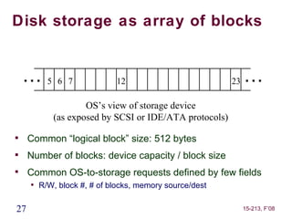 Disk storage as array of blocks


    …5        6 7            12                          23   …
                    OS’s view of storage device
            (as exposed by SCSI or IDE/ATA protocols)

     Common “logical block” size: 512 bytes

     Number of blocks: device capacity / block size

     Common OS-to-storage requests defined by few fields
     
         R/W, block #, # of blocks, memory source/dest

27                                                            15-213, F’08
 