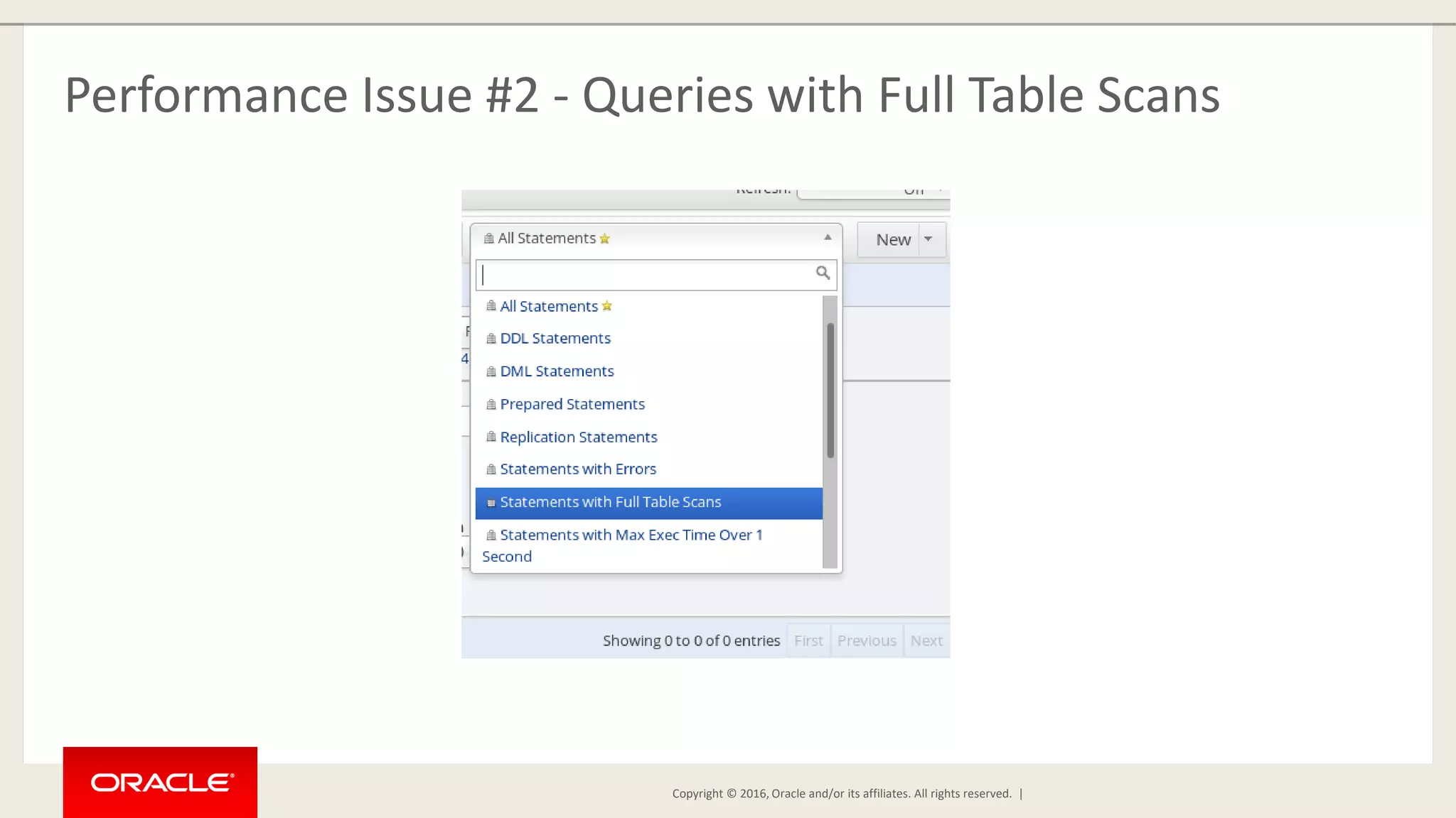 Copyright © 2016, Oracle and/or its affiliates. All rights reserved. | Performance Issue #2 - Queries with Full Table Scans 