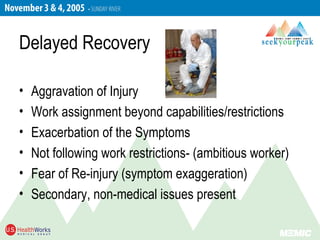 Delayed Recovery
• Aggravation of Injury
• Work assignment beyond capabilities/restrictions
• Exacerbation of the Symptoms
• Not following work restrictions- (ambitious worker)
• Fear of Re-injury (symptom exaggeration)
• Secondary, non-medical issues present
 