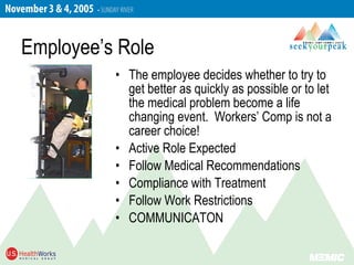 Employee’s Role
• The employee decides whether to try to
get better as quickly as possible or to let
the medical problem become a life
changing event. Workers’ Comp is not a
career choice!
• Active Role Expected
• Follow Medical Recommendations
• Compliance with Treatment
• Follow Work Restrictions
• COMMUNICATON
 