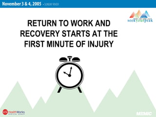 RETURN TO WORK AND
RECOVERY STARTS AT THE
FIRST MINUTE OF INJURY
 