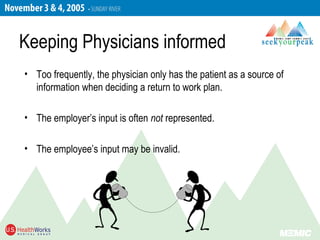 Keeping Physicians informed
• Too frequently, the physician only has the patient as a source of
information when deciding a return to work plan.
• The employer’s input is often not represented.
• The employee’s input may be invalid.
 