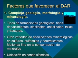 FFaaccttoorreess qquuee ffaavvoorreecceenn eell DDAARR 
11.. CCoommpplleejjaa ggeeoollooggaa,, mmoorrffoollooggaa yy 
mmiinneerraallooggaa:: 
? TTiippooss ddee ffoorrmmaacciioonneess ggeeoollggiiccaass,, ttiippooss 
ddee yyaacciimmiieennttooss,, ssiinncclliinnaalleess,, aannttiicclliinnaalleess,, ffaallllaass 
yy ffrraaccttuurraass.. 
? GGrraann vvaarriieeddaadd ddee aassoocciiaacciioonneess mmiinneerraallggiiccaass 
eenn ssuullffuurrooss,, ssuullffoossaalleess yy nneeuuttrraalliizzaanntteess.. 
MMoolliieennddaa ffiinnaa eenn llaa ccoonncceennttrraacciinn ddee 
mmiinneerraalleess 
? UUbbiiccaacciinn UNI 
eenn zzoonnaass ssssmmiiccaass.. 
 