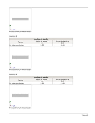 Proyección en planta de la obra
MÓDULO 3
Anchos de banda
Plantas
Ancho de banda Y
(m)
Ancho de banda X
(m)
En todas las plantas 2.50 12.00
Proyección en planta de la obra
MÓDULO 4
Anchos de banda
Plantas
Ancho de banda Y
(m)
Ancho de banda X
(m)
En todas las plantas 2.35 11.50
Proyección en planta de la obra
Página 5
 