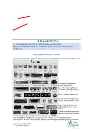 3. PLANIFICACIÓN
3.1 TEMPORALIZACIÓN, REPARTO DE TAREAS Y BÚSQUEDA DE RECURSOS

Puertos del ordenador: Identifica los puertos que dispone el equipo que habéis
configurado.
(COMO SE HA ORGANIZADO EL TRABAJO)
Con el fin de controlar y organizar mejor el tiempo se ha elaborado el siguiente cronograma para
realizar el ejercicio:
DÍA 1: (Fechas)
∙ __ minutos: Que se hace y quien lo hace.
∙ __ minutos: Que se hace y quien lo hace.
∙ __ minutos: Que se hace y quien lo hace.
∙
DÍA 2: (Fechas)
∙ __ minutos: Que se hace y quien lo hace.
∙ __ minutos: Que se hace y quien lo hace.
∙ __ minutos: Que se hace y quien lo hace.
21 de octubre: hasi ginen ordenagailuan piezak aukeratzen eta ordenagailuan kolokatzen
jarraitu genuen. Batik bat, denok kolaboratu genuen eta buru belarri egin genuen lan.
22 de octubre: ordenagailua pizten saiatu ginen eta ez zihoan, beraz Aitor, Iñaki eta Markel
bidioak ikusten aritu ginen soluzio baten bila. Iñigo bitartean, lanean zebilen ordenagailuak zer
arazo zituen deduzitzen saiatuz
24 de octubre: huelga eguna zenez beste asignaturetako ariketak egin genituen klasea etorri
ginenok: bai Markelek, bai Aitorrek eta bai Iñakik
28 de octubre: bideo asko ikusi ondoren soluzio posibleak eskura genituen baina ez genekien
zer egin zeren-eta arazoa ez genuen inondik inora ikusten. Pieza batzuk aldatu genituen baina
ez genuen ezertxo ere lortu
29 de octubre: disko gogorra arazoa zela hauteman genuen eta Imanoli eskatu genion berri
bat ekar zezan. Eskatu eta gero, saiatu ginen pendriveko programa bat bilatzen zeren-eta ez
zihoan ongi. Hala ere, ordenagailuz aldatu genuen bestea ez zihoalako.
31 de octubre: ubuntua deskargatu genuen Pendrive unibertsala izateko programa deskargatu
ostean. Hau exekutatu eta pendrivean sartu genuen ubuntuarekin batera. Saiatu ginen ubuntua
instalatzen baina ez zigun denborarik eman
4 de noviembre: bidio batzuk ikusi genituen nola ubuntua pendrive batetik instalatu
ordenagailuan. Azkenik, bidio hori ikusi eta gero, instalaketa prozesuarekin jarraitu genuen eta
Ejercicio práctico IKT
EL ORDENADOR

 