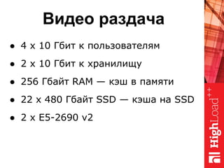 Видео раздача
● 4 x 10 Гбит к пользователям
● 2 x 10 Гбит к хранилищу
● 256 Гбайт RAM — кэш в памяти
● 22 х 480 Гбайт SSD — кэша на SSD
● 2 х E5-2690 v2
 