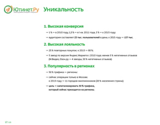 Уникальность

          1. Высокая конверсия
           — 1 % — в 2010 году, 1,5 % — в I кв. 2011 года, 3 % — к 2015 году;

           — аудитория составляет 23 тыс. пользователей в день; к 2015 году — 137 тыс.


          2. Высокая лояльность
           — 25 % повторных покупок; к 2015 — 80 %;

           — 5 звезд по версии Яндекс.Маркета с 2010 года; менее 5 % негативных отзывов
             (М.Видео, Озон.ру — 4 звезды, 30 % негативных отзывов).


          3. Популярность в регионах
           — 50 % трафика — регионы;

           — сейчас операции только в Москве;
             к 2015 году — 11 городов-миллионников (20 % населения страны);

           — цель — капитализировать 50 % трафика,
             который сейчас приходится на регионы.




17 / 25
 