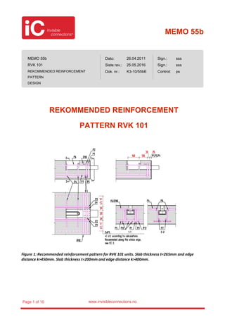 MEMO 55b
www.invisibleconnections.noPage 1 of 10
REKOMMENDED REINFORCEMENT
PATTERN RVK 101
Figure 1: Recommended reinforcement pattern for RVK 101 units. Slab thickness t=265mm and edge
distance k>450mm. Slab thickness t=200mm and edge distance k>400mm.
MEMO 55b
RVK 101
REKOMMENDED REINFORCEMENT
PATTERN
DESIGN
Dato:
Siste rev.:
Dok. nr.:
Sign.:
Sign.:
Control:
26.04.2011
25.05.2016
K3-10/55bE
sss
sss
ps
 