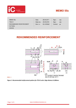 MEMO 55c
www.invisibleconnections.noPage 1 of 9
REKOMMENDED REINFORCEMENT
DEL 1
Figure 1: Recommended reinforcement pattern for TSS 41 units. Edge distance k>300mm.
MEMO 55c
TSS 41
REKOMMENDED REINFORCEMENT
PATTERN
DESIGN
Dato:
Siste rev.:
Dok. nr.:
Sign.:
Sign.:
Control:
26.04.2011
25.05.2016
K3-10/55cE
sss
sss
ps
 