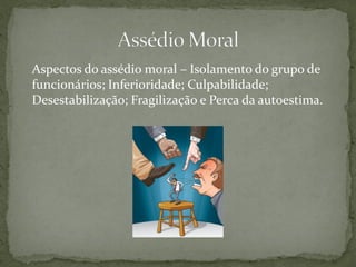 Aspectos do assédio moral – Isolamento do grupo de
funcionários; Inferioridade; Culpabilidade;
Desestabilização; Fragilização e Perca da autoestima.
 