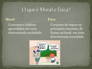 Moral
Costumes e hábitos
aprendidos em uma
determinada sociedade.
Conjunto de regras ou
princípios traçados, de
forma racional, em uma
determinada sociedade.
Ética
 