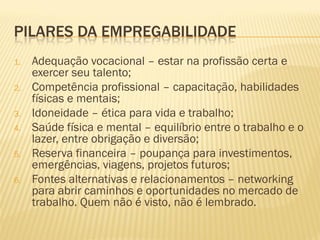 PILARES DA EMPREGABILIDADE
1. Adequação vocacional – estar na profissão certa e
exercer seu talento;
2. Competência profissional – capacitação, habilidades
físicas e mentais;
3. Idoneidade – ética para vida e trabalho;
4. Saúde física e mental – equilíbrio entre o trabalho e o
lazer, entre obrigação e diversão;
5. Reserva financeira – poupança para investimentos,
emergências, viagens, projetos futuros;
6. Fontes alternativas e relacionamentos – networking
para abrir caminhos e oportunidades no mercado de
trabalho. Quem não é visto, não é lembrado.
 