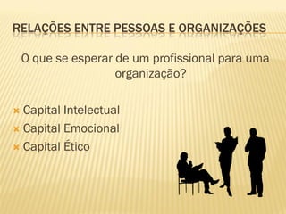 RELAÇÕES ENTRE PESSOAS E ORGANIZAÇÕES
O que se esperar de um profissional para uma
organização?
 Capital Intelectual
 Capital Emocional
 Capital Ético
 