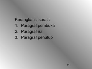 Kerangka isi surat :
1. Paragraf pembuka
2. Paragraf isi
3. Paragraf penutup




                       14
 