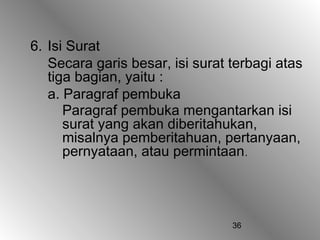 6. Isi Surat
   Secara garis besar, isi surat terbagi atas
   tiga bagian, yaitu :
   a. Paragraf pembuka
      Paragraf pembuka mengantarkan isi
      surat yang akan diberitahukan,
      misalnya pemberitahuan, pertanyaan,
      pernyataan, atau permintaan .




                                 36
 
