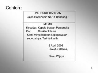 5
Contoh :
PT. BUKIT BARISAN
Jalan Hasanudin No.14 Bandung
MEMO
Kepada : Kepala bagian Personalia
Dari : Direktur Utama
Kami minta laporan kepegawaian
secepatnya. Terima kasih.
3 April 2006
Direktur Utama,
Danu Wijaya
 