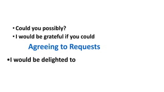 • Could you possibly?
• I would be grateful if you could
Agreeing to Requests
•I would be delighted to
 