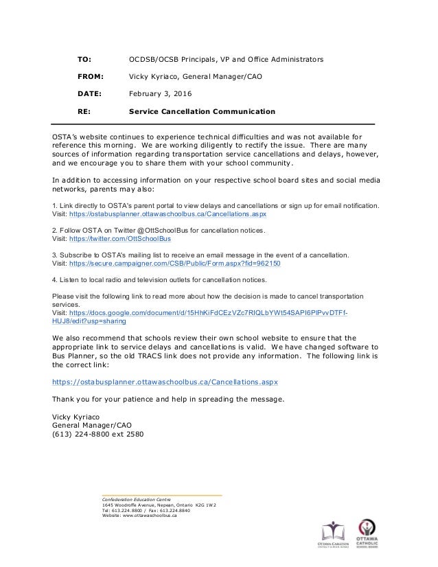otsa memo bus service cancellation communication service cancellation