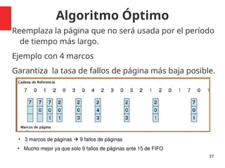 Algoritmo Óptimo
Reemplaza la página que no será usada por el período
de tiempo más largo.
Ejemplo con 4 marcos
Garantiza la tasa de fallos de página más baja posible.
37
• 3 marcos de páginas  9 fallos de páginas
• Mucho mejor ya que solo 9 fallos de páginas ante 15 de FIFO
 