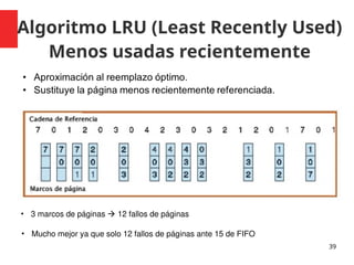 Algoritmo LRU (Least Recently Used)
Menos usadas recientemente
39
• 3 marcos de páginas  12 fallos de páginas
• Mucho mejor ya que solo 12 fallos de páginas ante 15 de FIFO
 