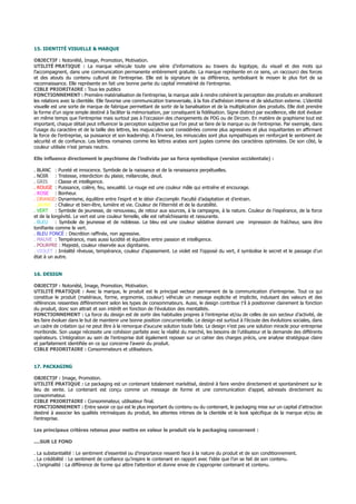 15. IDENTITÉ VISUELLE & MARQUE
OBJECTIF : Notoriété, Image, Promotion, Motivation.
UTILITÉ PRATIQUE : La marque véhicule toute une série d’informations au travers du logotype, du visuel et des mots qui
l’accompagnent, dans une communication permanente entièrement gratuite. La marque représente en ce sens, un raccourci des forces
et des atouts du contenu culturel de l’entreprise. Elle est la signature de sa différence, symbolisant le moyen le plus fort de sa
reconnaissance. Elle représente en fait une bonne partie du capital immatériel de l’entreprise.
CIBLE PRIORITAIRE : Tous les publics
FONCTIONNEMENT : Première matérialisation de l’entreprise, la marque aide à rendre cohérent la perception des produits en améliorant
les relations avec la clientèle. Elle favorise une communication transversale, à la fois d’adhésion interne et de séduction externe. L’identité
visuelle est une sorte de marque de fabrique permettant de sortir de la banalisation et de la multiplication des produits. Elle doit prendre
la forme d’un signe simple destiné à faciliter la mémorisation, par conséquent la fidélisation. Signe distinct par excellence, elle doit évoluer
en même temps que l’entreprise mais surtout pas à l’occasion des changements de PDG ou de Dircom. En matière de graphisme tout est
important, chaque détail peut influencer la perception subjective que l’on peut se faire de la marque ou de l’entreprise. Par exemple, dans
l’usage du caractère et de la taille des lettres, les majuscules sont considérées comme plus agressives et plus inquiétantes en affirmant
la force de l’entreprise, sa puissance et son leadership. A l’inverse, les minuscules sont plus sympathiques en renforçant le sentiment de
sécurité et de confiance. Les lettres romaines comme les lettres arabes sont jugées comme des caractères optimistes. De son côté, la
couleur utilisée n’est jamais neutre.
Elle influence directement le psychisme de l’individu par sa force symbolique (version occidentale) :
. BLANC : Pureté et innocence. Symbole de la naissance et de la renaissance perpétuelles.
. NOIR : Tristesse, interdiction du plaisir, mélancolie, deuil.
. GRIS : Classe et intelligence.
. ROUGE : Puissance, colère, feu, sexualité. Le rouge est une couleur mâle qui entraîne et encourage.
. ROSE : Bonheur.
. ORANGE: Dynamisme, équilibre entre l’esprit et le désir d’accomplir. Faculté d’adaptation et d’entrain.
. JAUNE : Chaleur et bien-être, lumière et vie. Couleur de l’éternité et de la durabilité.
. VERT : Symbole de jeunesse, de renouveau, de retour aux sources, à la campagne, à la nature. Couleur de l’espérance, de la force
et de la longévité. Le vert est une couleur femelle, elle est rafraîchissante et rassurante.
. BLEU : Symbole de jeunesse et de noblesse. Le bleu est une couleur sédative donnant une impression de fraîcheur, sans être
tonifiante comme le vert.
. BLEU FONCÉ : Discrétion raffinée, non agressive.
. MAUVE : Tempérance, mais aussi lucidité et équilibre entre passion et intelligence.
. POURPRE : Majesté, couleur réservée aux dignitaires.
. VIOLET : Irréalité rêveuse, tempérance, couleur d’apaisement. Le violet est l’opposé du vert, il symbolise le secret et le passage d’un
état à un autre.
16. DESIGN
OBJECTIF : Notoriété, Image, Promotion, Motivation.
UTILITÉ PRATIQUE : Avec la marque, le produit est le principal vecteur permanent de la communication d’entreprise. Tout ce qui
constitue le produit (matériaux, forme, ergonomie, couleur) véhicule un message explicite et implicite, induisant des valeurs et des
références ressenties différemment selon les types de consommateurs. Aussi, le design contribue t’il à positionner clairement la fonction
du produit, donc son attrait et son intérêt en fonction de l’évolution des mentalités.
FONCTIONNEMENT : La force du design est de sortir des habitudes propres à l’entreprise et/ou de celles de son secteur d’activité, de
les faire évoluer dans le but de maintenir une bonne position concurrentielle. Le design est surtout à l’écoute des évolutions sociales, dans
un cadre de création qui ne peut être à la remorque d’aucune solution toute faite. Le design n’est pas une solution miracle pour entreprise
moribonde. Son usage nécessite une cohésion parfaite avec la réalité du marché, les besoins de l’utilisateur et la demande des différents
opérateurs. L’intégration au sein de l’entreprise doit également reposer sur un cahier des charges précis, une analyse stratégique claire
et parfaitement identifiée en ce qui concerne l’avenir du produit.
CIBLE PRIORITAIRE : Consommateurs et utilisateurs.
17. PACKAGING
OBJECTIF : Image, Promotion.
UTILITÉ PRATIQUE : Le packaging est un contenant totalement markétisé, destiné à faire vendre directement et spontanément sur le
lieu de vente. Le contenant est conçu comme un message de forme et une communication d’appel, adressés directement au
consommateur.
CIBLE PRIORITAIRE : Consommateur, utilisateur final.
FONCTIONNEMENT : Entre savoir ce qui est le plus important du contenu ou du contenant, le packaging mise sur un capital d’attraction
destiné à associer les qualités intrinsèques du produit, les attentes intimes de la clientèle et le look spécifique de la marque et/ou de
l’entreprise.
Les principaux critères retenus pour mettre en valeur le produit via le packaging concernent :
....SUR LE FOND
. La substantialité : Le sentiment d’essentiel ou d’importance ressenti face à la nature du produit et de son conditionnement.
. La crédibilité : Le sentiment de confiance qu’inspire le contenant en rapport avec l’idée que l’on se fait de son contenu.
. L’originalité : La différence de forme qui attire l’attention et donne envie de s’approprier contenant et contenu.
 