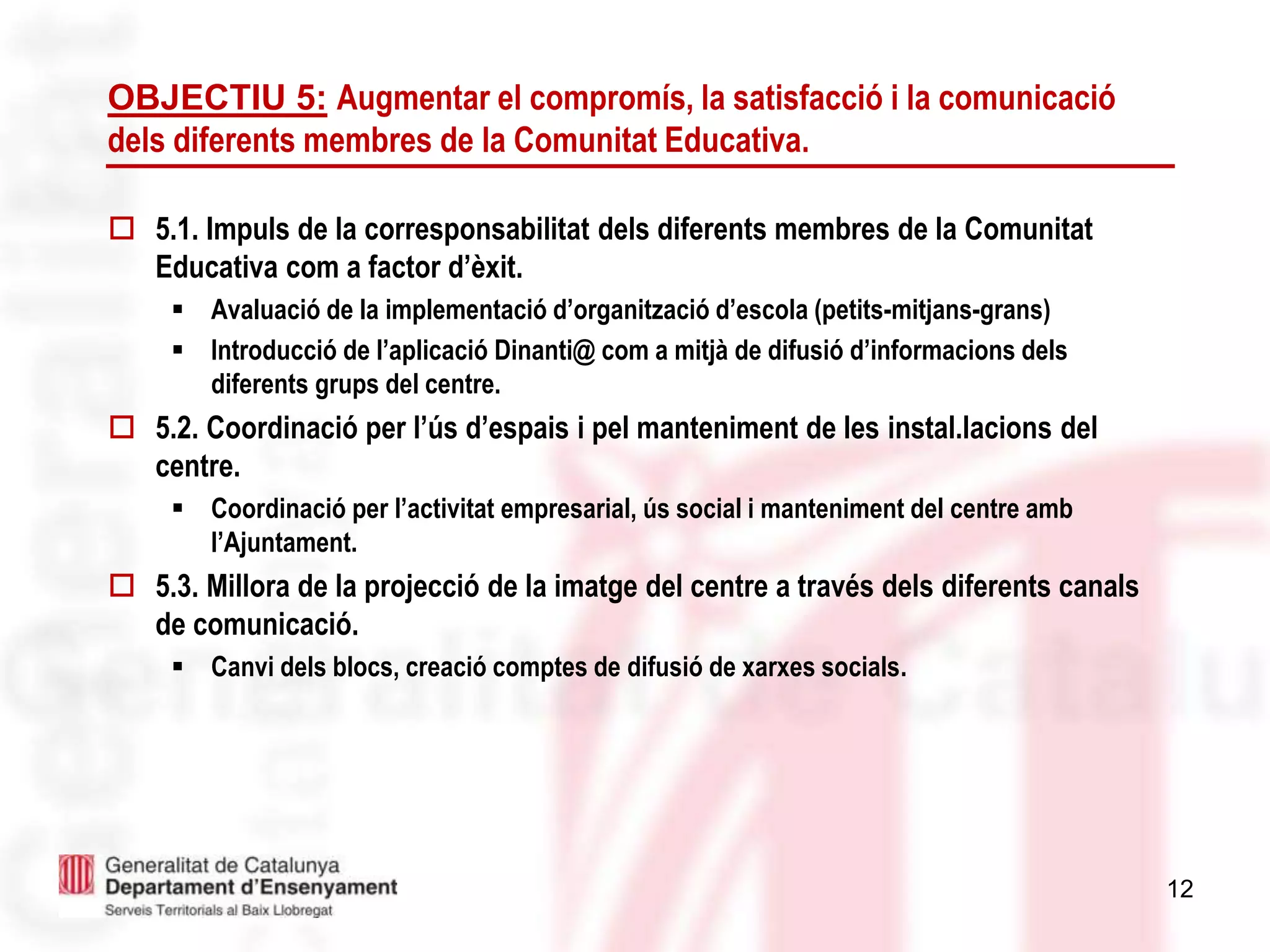 12
OBJECTIU 5: Augmentar el compromís, la satisfacció i la comunicació
dels diferents membres de la Comunitat Educativa.
 5.1. Impuls de la corresponsabilitat dels diferents membres de la Comunitat
Educativa com a factor d’èxit.
 Avaluació de la implementació d’organització d’escola (petits-mitjans-grans)
 Introducció de l’aplicació Dinanti@ com a mitjà de difusió d’informacions dels
diferents grups del centre.
 5.2. Coordinació per l’ús d’espais i pel manteniment de les instal.lacions del
centre.
 Coordinació per l’activitat empresarial, ús social i manteniment del centre amb
l’Ajuntament.
 5.3. Millora de la projecció de la imatge del centre a través dels diferents canals
de comunicació.
 Canvi dels blocs, creació comptes de difusió de xarxes socials.
 