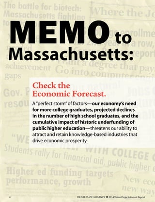Check the
Economic Forecast.
A“perfect storm”of factors—our economy’s need
for more college graduates, projected declines
in the number of high school graduates, and the
cumulative impact of historic underfunding of
public higher education—threatens our ability to
attract and retain knowledge-based industries that
drive economic prosperity.
MEMOto
Massachusetts:
DEGREES OF URGENCY  2014 Vision Project Annual Report4
 