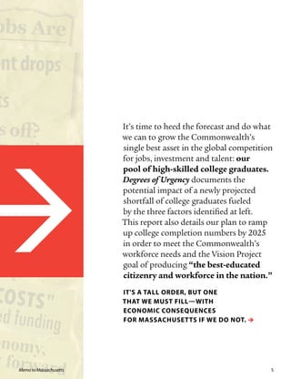 It’s time to heed the forecast and do what
we can to grow the Commonwealth’s
single best asset in the global competition
for jobs, investment and talent: our
pool of high-skilled college graduates.
Degrees of Urgency documents the
potential impact of a newly projected
shortfall of college graduates fueled
by the three factors identified at left.
This report also details our plan to ramp
up college completion numbers by 2025
in order to meet the Commonwealth’s
workforce needs and the Vision Project
goal of producing “the best-educated
citizenry and workforce in the nation.”
It's a tall order, but one
that we must fill—with
economic consequences
for Massachusetts if we do not. 

5Memo to Massachusetts
 