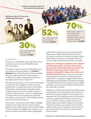 70%
They deserve—and Massachusetts needs them to have—
an education that is not just affordable but also
truly outstanding.
“If we hope to reap the economic dividends that come
from being an educational leader,” says Charles F.
Desmond, chair of the Massachusetts Board of Higher
Education, “Massachusetts must make academic
excellence for its public colleges and universities an
even higher priority than it is right now.”
Through the Vision Project, the Commonwealth’s public
campuses have been engaged in a multi-year, multi-
pronged effort to improve performance with the goal
of becoming a national leader among state systems
of higher education. Our work to reach the ranks of
the nation’s Top 10 systems—and our no-holds-barred
reporting of data on how much progress still needs
to be made to reach that goal—were included in the first
two Vision Project annual reports.
These reports—as well as this year’s analysis—highlight
progress but also make clear that, when it comes to
graduation rates, Massachusetts’ system of public higher
education remains at or slightly above average in com-
parison with other state systems. Recent demographic
and workforce analyses reviewed or conducted by the
Department of Higher Education (DHE) show that
the system is currently not on track to produce enough
degree-holders to fill jobs in technology, health care,
and other high-demand fields within the next decade.
Based on current degree production rates and future
enrollment projections, we believe that, by 2025,
Massachusetts’public higher education system will
fall short of meeting the state’s need for new
associate’s and bachelor’s degrees by a minimum of
55,000 to 65,0008
. Without a course correction, those
missing degrees will translate into thousands of lost
opportunities, as employers struggle to find talent for
high-skilled, good-paying jobs and students attempting
to compete for jobs in the best-paying and most rapidly
growing sectors of the economy discover that they lack
the credentials to compete.
Helping tens of thousands of additional college students
reach graduation day with diplomas and certificates in
hand won’t be easy and might even be dismissed as an
impossible task. The challenge we have set for ourselves—
as academic policy experts and labor economists can
attest—is HUGE. To reach our goals within the next
decade, Massachusetts public colleges and universities
will need to graduate more students who have greater
academic and economic challenges, and must do so in
less time and with more efficient use of state dollars
than ever before.
30%
52%
 from page 7
Mass. public higher ed
share of all Mass.
undergrads in 19675
Mass. public higher ed
share of Mass. high
school graduates
enrolled in Mass. colleges
as first-time, degree-
seeking students in 20131
Mass. public higher ed
share of all Mass.
undergrads in 20136
WestfieldStatestudents,1967.Photocourtesy
ofWestfieldStateUniversityLibrary.
MassasoitCommunityCollegestudents,2014.
PhotocourtesyofJamesLynch/Massasoit.
DEGREES OF URGENCY  2014 Vision Project Annual Report8
 