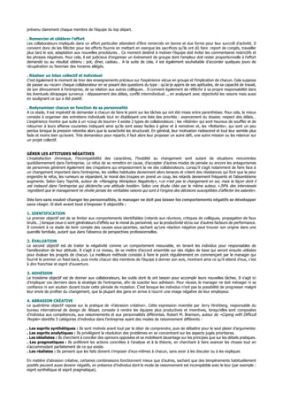 prévenu clairement chaque membre de l’équipe du top départ.
. Remercier et célébrer l’effort
Les collaborateurs impliqués dans un effort particulier attendent d’être remerciés en bonne et due forme pour leur surcroît d’activité. Il
convient donc de les féliciter pour les efforts fournis en mettant en exergue les sacrifices qu’ils ont dû faire :report de congés, travailler
plus tard le soir, adaptation aux nouvelles procédures… Ce moment destiné à motiver l’équipe doit éviter les commentaires restrictifs et
les phrases négatives. Pour cela, il est judicieux d’organiser un événement de groupe dont l’ampleur doit rester proportionnelle à l’effort
demandé ou au résultat obtenu : pot, dîner, cadeau… A la suite de cela, il est également souhaitable d’accorder quelques jours de
récupération ou favoriser des horaires allégés.
. Réaliser un bilan collectif et individuel
C’est également le moment de tirer des enseignements précieux sur l’expérience vécue en groupe et l’implication de chacun. Cela suppose
de passer au «scan» chaque collaborateur en se posant des questions du type : qu’ai-je appris de ses aptitudes, de sa capacité de travail,
de son dévouement à l’entreprise, de sa relation aux autres collègues… Il convient également de réfléchir à sa propre responsabilité dans
les éventuels dérapages survenus : dépassement des délais, conflit interindividuel…, en analysant avec objectivité les raisons mais aussi
en soulignant ce qui a été positif.
. Redynamiser chacun en fonction de sa personnalité
A ce stade, il est impératif de demander à chacun de faire le point sur les tâches qui ont été mises entre parenthèses. Pour cela, le mieux
consiste à organiser des entretiens individuels tout en établissant une liste des priorités : avancement du dossier, respect des délais…
L’expérience montre que suite à un «coup de bourre» il existe 2 types de collaborateurs : les «libérés» qui sont heureux de souffler et de
retourner à leurs affaires courantes indiquant ainsi qu’ils sont assez faciles à gérer et à remotiver et, les «flottants», qui sont un peu
perdus lorsque la pression retombe alors que la suractivité les structurait. En général, leur motivation redescend et tout leur semble plus
fade et moins bien qu’avant. Très demandeur pour repartir, il faut alors leur proposer un autre défi, une autre mission ou les relancer sur
un projet collectif.
GÉRER LES ATTITUDES NÉGATIVES
L’insatisfaction chronique, l’incompatibilité des caractères, l’hostilité au changement sont autant de situations rencontrées
quotidiennement dans l’entreprise. Le refus de se remettre en cause, d’accepter d’autres modes de pensée ou encore les antagonismes
de personnes génèrent également des crispations qui empoisonnent la vie des collaborateurs. Lorsqu’il s’agit notamment de faire face à
un changement important dans l’entreprise, les vieilles habitudes deviennent alors tenaces et créent des résistances qui font que la peur
engendre le refus, les rumeurs se répandent, le moral des troupes en prend un coup, les retards deviennent fréquents et l’absentéisme
augmente. Selon Gary Topchik, auteur de «Managing Workplace Negativity», «ce n’est pas le changement en soi, mais la façon dont il
est instauré dans l’entreprise qui déclenche une attitude hostile». Selon une étude citée par le même auteur, «39% des interviewés
regrettent que le management ne révèle jamais les véritables raisons qui sont à l’origine des décisions susceptibles d’affecter les salariés».
Dès lors sans vouloir changer les personnalités, le manager ne doit pas laisser les comportements négatifs se développer
sans réagir. Il doit avant tout s’imposer 5 objectifs :
1. IDENTIFICATION
Le premier objectif est de se limiter aux comportements identifiables (retards aux réunions, critiques de collègues, propagation de faux
bruits…) lorsque ceux-ci sont générateurs d’effets sur le moral du personnel, sur la productivité et/ou sur d’autres facteurs de performance.
Il convient à ce stade de tenir compte des causes sous-jacentes, sachant qu’une réaction négative peut trouver son origine dans une
querelle familiale, autant que dans l’absence de perspectives professionnelles.
2. ÉVALUATION
Le second objectif est de traiter la négativité comme un comportement mesurable, en tenant les individus pour responsables de
l’amélioration de leur attitude. Il s’agit à ce niveau, de se mettre d’accord ensemble sur des règles de base qui seront ensuite utilisées
pour évaluer les progrès de chacun. La meilleure méthode consiste à faire le point régulièrement en commençant par le manager qui
fournit le premier un feed-back, puis invite chacun des membres de l’équipe à donner son avis, montrant ainsi ce qu’il attend d’eux, c’est
à dire franchise et esprit d’ouverture.
3. ADHÉSION
Le troisième objectif est de donner aux collaborateurs, les outils dont ils ont besoin pour accomplir leurs nouvelles tâches. Il s’agit ici
d’impliquer ces derniers dans la stratégie de l’entreprise, afin de susciter leur adhésion. Pour réussir, le manager ne doit ménager ni sa
confiance ni son soutien durant toute cette période de mutation. C’est lorsque les individus n’ont pas la possibilité de progresser malgré
leur envie de profiter du changement, que la plupart des gens en arrive à nourrir une image négative de leur employeur.
4. ABRASION CRÉATIVE
Le quatrième objectif repose sur la pratique de «l’abrasion créative». Cette expression inventée par Jerry Hirshberg, responsable du
bureau international de design de Nissan, consiste à rendre les équipes plus productives et inventives, lorsqu’elles sont composées
d’individus aux compétences, aux raisonnements et aux personnalités différentes. Robert M. Bramson, auteur de «Coping with Difficult
People» identifie 5 catégories d’individus dans l’entreprise ayant des modes de raisonnement différents :
. Les esprits synthétiques : Ils sont motivés avant tout par le désir de comprendre, puis de débattre pour le seul plaisir d’argumenter.
. Les esprits analytiques : Ils privilégient la résolution des problèmes en se concentrant sur les aspects jugés prioritaires.
. Les idéalistes : Ils cherchent à concilier des opinions opposées et se mobilisent davantage sur les principes que sur les détails pratiques.
. Les pragmatiques : Ils préfèrent les actions concrètes à l’analyse et à la théorie, en cherchant à faire avancer les choses tout en
s’accommodant parfaitement de ce qui existe.
. Les réalistes : Ils pensent que les faits doivent s’imposer d’eux-mêmes à chacun, sans avoir à les discuter ou à les expliquer.
En matière d’abrasion créative, certaines combinaisons fonctionnent mieux que d’autres, sachant que des tempéraments habituellement
positifs peuvent aussi devenir négatifs, en présence d’individus dont le mode de raisonnement est incompatible avec le leur (par exemple :
esprit synthétique et esprit pragmatique).
 