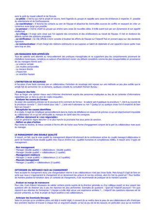 avoir le goût du travail collectif et de l’écoute.
. Le pilote : C’est lui qui met le projet en œuvre, tient l’agenda du groupe et rappelle sans cesse les échéances à respecter. Il possède
du volontarisme et de l’enthousiasme.
. Le coordinateur : Il favorise les contacts au sein de l’équipe et désactive les éventuelles sources de conflits en essayant de créer un
consensus aussi large que possible.
. Le penseur : C’est le créatif du groupe qui amène sans cesse de nouvelles idées. Il brille avant tout par son dynamisme et son appétit
intellectuel.
. Le critique : Il exige sans cesse que l’on apporte des corrections et des améliorations au travail de l’équipe. Il met en évidence les
défauts cachés des solutions proposées.
. Le vérificateur : Ce rôle difficile à tenir consiste à focaliser les efforts de l’équipe sur l’objectif fixé en prenant appui sur des standards
rigoureux.
. Le communicateur : Il est chargé des relations extérieures ce qui suppose un talent de diplomate et une capacité à savoir parler mais
sans trop en dire.
LES MANAGERS NON APPRÉCIÉS
Tous les salariés sont attentifs au renouvellement des pratiques managériales et ne supportent plus les comportements provenant de
chefaillons tyranniques, complices ou auteurs d’harcèlement moral. Les défauts considérés comme les plus insupportables en provenance
de ces managers honnis sont :
. La violence verbale
. Les insultes personnelles
. La menace directe
. L’hypocrisie
. Le caractère hautain
L’ENTRETIEN DE RECADRAGE
A l’occasion d’une faute commise par un collaborateur, l’entretien de recadrage doit reposer sur une méthode un peu plus subtile que le
simple fait de sermonner. En ce domaine, quelques conseils du consultant Romain Bureau :
. S’assurer des faits
Pour se forger une opinion mieux vaut s’informer directement auprès des personnes impliquées au lieu de se contenter d’informations
rapportées par un tiers ou pire de «radio-moquette».
. Analyser les causes de l’erreur
Se poser des questions précises sur le pourquoi et le comment de l’erreur : le salarié sait-il appliquer la procédure ? ; Est-il au courant de
la procédure correcte ? ; Est-il motivé pour cela ? ; L’acte est-il volontaire ou non ? Quelqu’un ou quelque chose l’a-t-il empêché de bien
faire son travail ?
. Récapituler les causes identifiées
A ce stade, il s’agit de s’impliquer personnellement dans la chaîne de défaillance en essayant de préciser ce qui est objectivement imputable
au collaborateur et ce qui est attribuable au manque de clarté dans les consignes.
. Afficher clairement le «non négociable»
C’est en général la «ligne blanche» à ne plus franchir la prochaine fois sous peine de sanction.
. Définir un plan d’action
Pour éviter la récidive, le mieux consiste à l’écrire afin de l’acter sous forme d’engagement conjoint de la part du collaborateur mais aussi
du manager.
LE MANAGEMENT UNE DOUBLE QUALITÉ
Il ressort, en fait, que la vraie qualité du management dépend étroitement de la combinaison active du couple manager/collaborateur à
partir de l’existence d’une double qualité chez chacun d’entre eux : qualités humaines et compétences réelles. Il ressort ainsi 3 types de
management :
. Bon management
- Manager (double qualité) + collaborateurs (double qualité)
- Manager (double qualité) + collaborateurs (1 qualité)
. Management médiocre
- Manager (1 seule qualité) + collaborateurs (1 à 2 qualités)
. Mauvais management
- Manager (1 qualité) + collaborateurs (0 qualité)
OPTIMISME OU MÉFIANCE FACE AU CHANGEMENT
Faire accepter le changement et/ou une réorganisation interne à ses collaborateurs n’est pas chose facile. Mais lorsqu’il s’agit de faire en
sorte que ceux-ci s’approprient le changement et en deviennent les acteurs et non les victimes, alors là c’est du grand art ! Pour faciliter
de manière positive la transition dans un contexte de changement, il est recommandé de pratiquer de la manière suivante :
. Evaluer sa marge de manœuvre
Pour cela, il est d’abord nécessaire de valider certains points auprès de la direction générale ou d’un collègue expert en leur posant des
questions afin de dessiner peu à peu les réponses les plus pertinentes. Exemples de questions : Quel est l’objectif poursuivi ? En quoi
répond-il aux attentes de l’entreprise ? L’équipe a-t-elle déjà vécue une expérience similaire ?... L’objectif des questions-réponses est de
pouvoir présenter, au final, le projet de façon positive à ses collaborateurs.
. Anticiper les éventuels blocages
Selon le principe qu’un problème prévu est déjà à moitié réglé, il convient de se mettre dans la peau de ses collaborateurs afin d’anticiper
leur première réaction et trouver à chaque fois un argument adapté. Le but du jeu est de les rassurer, en particulier ceux qui se montrent
 