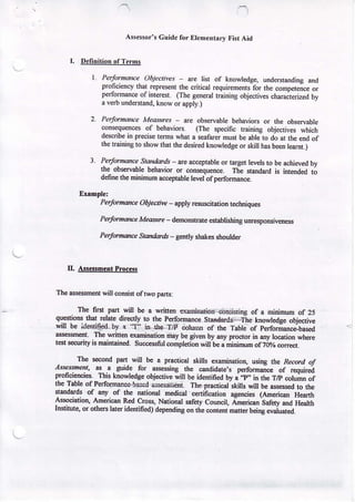 A$.$or

Cnidr for EtemcnriD I hr Ad

L DefinitionofTens
I

Pal:h,rr.
t'bt.rxws
de tisr or knowtedge.
undhundrn8 and
proncEnd rnatrepr4ent
rhe.dricatrequim.fl5 for rhe{mpere4* or
perf{mme ofi erest One senerallBi.ing objariv$ cha.a;erized by
a v€6 undeGtmd,
knowor apply
)

2. Perlom t Mcetes - ae obs€ruablebehavioB or lhe obsruabte
@n*quenes of behav.ob (Ttc speofic rdjdnr objech.s $hich
o6cnDeIn pr<6e lms wha' r staer mdslbe abtero do ar rheendoI
ihe tojning to showrhat fie d6ir€d k.osledge or skil hd ben ttut
)
t

P:t/o:Mc:
ro
.t?u1a+ de a@prlbteo, rdeer levets beachie.dby
rhe_
obsa6le behauo or @n:equene llle n&ded k inknded 6
ddne the mdnln ae9rable teKt of perfomde
Pedq@

Objectiw - app:ty
rcs$ilation rehniqu€s

PzrtomEe

MeMe

Pefo@

S!@'dt b

- dffittlinte

estadishingllcporo,@*

serrly shakd shoutder

IL A$$n.nt Poqs
Thelssnot

Bill @nsisl t*o sns
of

fte frst p.n sill be a wdn@ drnkarid c@istine of a sinjDun of 25
quBdotu rlEr rela!. diredly ro the pafol]@@ Slaid6d!+ it. k owledge
obje.rive
uu be iddtii4by
r ':r' ie rhtsT/P @tuhn of ih€ Tsbta of rerfom;bred
Nsdt.
Th€wnfi6 *miarim roy be gid by u, prKo n &y t@rion wh4
rerl witt
is min.ain€d Suc.stut omptcrim Mll be. Dinimm of ?Oq!
@del.
Th€ !@nd p8rt will bc s p6dic.l sldlls @oimtio4 lsi.A ije tucu.i oJ
,
' *0"
or ,"q.i,"d
1,:Yq'.
.fol .dEssiDs rhe @d'd,re p..ro**
proN6os- I r nB .
kDwtedgeobjedie qi be idflrifi€d bv a "P- io lhe Tn @tu; of
ne rek d-pdrotMe
rlTj D:tse,@1. The prdicd sh j qil be Bslss€dto rlr
sho&ds or ey or Oe mnond Dedical knifi€dor !g.nc6 (Af,e.i@ Hanh
Assciation ANi6
R.d Clos. Nltiomt sdfly Councit.Ansim Safery H€.tih
ed
hsitule. or db6 lire iden fied) depodingon rhe@ Fr nsnd being
Mluared.

 