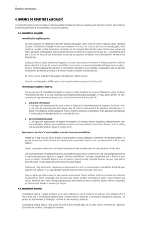 176
memòria eCONòmiCa



4. NOrmeS De reGiSTre i VaLOraCiÓ
Les principals normes de registre i valoració utilitzades pel Club en l’elaboració dels seus comptes anuals del present exercici, d’acord amb les
establertes pel Pla General de Comptabilitat, han estat les següents:

      4.1. immobilitzat intangible

          Immobilitzat intangible esportiu:

             Els costos necessaris per a l’adquisició dels drets federatius de jugadors a altres clubs i els imports pagats de similar naturalesa
             s’activen a l’immobilitzat intangible i s’amortitzen linealment en el decurs de la durada del contracte amb el jugador, sense
             considerar cap valor residual. Les despeses necessàries per a la renovació dels contractes només s’activen quan suposen una
             millora en aquests (perllongament de la durada del contracte, increment de la clàusula de rescissió, etc.) i s’amortitzen d’acord
             amb la durada del nou contracte, de la mateixa manera que els pagaments variables en funció del compliment de determinats
             fets esportius.

             En el cas d’adquisició d’opció preferencial de jugadors, els costos s’amortitzaran en el moment de l’adquisició definitiva de forma
             lineal en funció de la durada del contracte amb el Club. En cas contrari, es traspassaria la totalitat de l’import contra resultats.
             En cas de rescissió anticipada de contractes, el cost pendent s’amortitza en la seva totalitat i, conjuntament amb els ingressos
             corresponents, es reflecteix al resultat en el moment en què es concedeix la baixa federativa.

             No s’activa cap cost de formació dels jugadors del futbol base i d’altres seccions.

             En cas de cessió de jugadors, el Club registra en el compte de pèrdues i guanys el cost de la cessió.

          Immobilitzat intangible no esportiu:

             Com a norma general, l’immobilitzat intangible no esportiu es valora inicialment pel seu preu d’adquisició o cost de producció.
             Posteriorment, es valora al seu cost minorat per la corresponent amortització acumulada i, si s’escau, per les pèrdues per dete-
             riorament que hagi experimentat. Aquests actius s’amortitzen en funció de la seva vida útil.

             1.   Aplicacions informàtiques
                  El Club registra en aquest compte els costos produïts en l’adquisició i el desenvolupament de programes d’ordinador, inclo-
                  sos els costos de desenvolupament de les pàgines web. Els costos de manteniment de les aplicacions informàtiques es re-
                  gistren en el compte de pèrdues i guanys de l’exercici en què es produeixen. L’amortització de les aplicacions informàtiques
                  es realitza aplicant el mètode lineal durant un període de 5 anys.

             2. Altre immobilitzat intangible
                El Club registra en aquest compte les despeses incorregudes en la recompra de drets de publicitat cedits prèviament a ter-
                cers amb l’objectiu d’obtenir majors rendiments econòmics en la seva explotació. L’amortització d’aquests actius es realitza
                en la duració dels contractes inicials de cessió a tercers.

          Deteriorament de valor d’actius intangibles, materials i inversions immobiliàries

             Sempre que hi hagi indicis de pèrdua de valor, el Club procedeix a estimar, mitjançant el denominat “test de deteriorament”, la
             possible existència de pèrdues de valor que redueixi el valor recuperable d’aquests actius a un import inferior al del seu valor
             en llibres.

             L’import recuperable es determina com el major import entre el valor raonable menys els costos de venda i el valor en ús.

             Com a conseqüència de l’esmentat anteriorment, al tancament d’aquest exercici, la directiva del Club ha encarregat taxacions de
             la majoria dels seus actius registrats en l’epígraf “Inversions immobiliàries” a un expert independent, amb la finalitat de com-
             provar que l’import recuperable d’aquests actius és superior o igual al seu valor comptable. Aquestes taxacions s’han realitzat
             tenint en compte els usos actuals dels actius inclosos en aquest epígraf.

             En el cas que s’hagi de reconèixer una pèrdua per deteriorament d’un actiu, es redueix el valor comptable fins al límit del major
             valor entre els següents: el seu valor raonable menys els costos de venda, el seu valor en ús i zero.

             Quan una pèrdua per deteriorament de valor reverteix posteriorment, l’import en llibres de l’actiu s’incrementa en l’estimació
             revisada del seu import recuperable, però de manera que l’import en llibres incrementat no superi l’import en llibres que
             s’hauria determinat de no haver reconegut cap pèrdua per deteriorament en exercicis anteriors. Aquesta reversió d’una pèrdua
             per deteriorament de valor es reconeix com a ingrés.

      4.2. immobilitzat material

          L’immobilitzat material es valora inicialment pel seu preu d’adquisició o cost de producció, els quals van ésser actualitzats fins al
          1996 d’acord amb el permès per la legislació vigent, i posteriorment es minora per la corresponent amortització acumulada i les
          pèrdues per deteriorament, si n’hi hagués, conforme al criteri esmentat a la Nota 4.1.

          L’immobilitzat material adquirit a títol gratuït fins al 30 de juny del 2000 figura pel seu valor venal en el moment de l’adquisició,
          d’acord amb els certificats i peritatges corresponents.
 