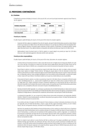 190
memòria eCONòmiCa



12. PrOviSiONS i CONTiNgèNCieS
      12.1. Provisions

           El detall de les provisions del balanç de situació a 30 de juny de 2011, així com els principals moviments registrats durant l’exercici,
           són els següents:

                                                                                  Milers d’Euros
            Provisions a llarg termini                 30-06-10           Dotacions          Aplicacions          30-06-11

            Provisió per a impostos (Nota 14.7)               3.567               2.297                    -             5.864
            Provisió per altres responsabilitats             42.154               1.593             (1.888)              41.859
            Total a llarg termini                            45.721              3.890             (1.888)              47.723


           Provisió per a impostos:

           El saldo d’aquest capítol del balanç de situació a 30 de juny de 2011 inclou els conceptes següents:

              -     Compromís del Club, subjecte al compliment d’una sèrie de requisits, pel qual el Futbol Club Barcelona assumirà un deute tributari
                    de tercers per import de 2,4 milions d’euros més interessos de demora en cas que hagi una sentència en ferm de la liquidació efec-
                    tuada per l’Agència Tributària. Per garantir aquest compromís, el Club va aportar un aval bancari. Al compte de pèrdues i guanys
                    adjunt del present exercici s’han registrat dotacions corresponents als interessos de demora per import de 123 milers d’euros.

              -     Addicionalment, durant el present exercici, el Club ha registrat, en aquest epígraf, una provisió per import de 2.174 milers
                    d’euros per cobrir potencials pagaments relacionats amb les seves operacions.

           Provisió per altres responsabilitats:

           El saldo d’aquest capítol del balanç de situació a 30 de juny de 2011 inclou, bàsicament, els conceptes següents:

              -     L‘estimació del cost d’urbanització exterior i altres costos dels terrenys de Can Rigalt venuts la temporada 2004/05, els quals
                    són a càrrec del Club, s’ha estimat en un import de 6.516 milers d’euros (vegeu Nota 8), dels quals 710 milers d’euros van ser
                    registrats durant l’exercici 2009/10 com a conseqüència de la revisió de la provisió al tancament de l’exercici anterior.

              -     Durant l’exercici anterior, es va dotar una provisió per import de 601 milers d’euros per cobrir un compte a cobrar per aquest
                    mateix import registrat en l’epígraf “Deutors diversos” del balanç de situació adjunt. El dret de cobrament es deriva d’una
                    sentència judicial emesa en l’anterior temporada segons la qual el Futbol Club Barcelona havia de recuperar l’import mencionat
                    que, en temporades anteriors, havia consignat judicialment arran d’una sentència prèvia desfavorable. La provisió del compte
                    a cobrar respon al fet que el deutor s’ha declarat insolvent, per la qual cosa resulta dubtosa la seva recuperabilitat.

              -     Al tancament de l’exercici anterior, es va dotar una provisió per import de 3.250 milers d’euros corresponent al 25% del compte
                    a cobrar amb Mediaproducción, S.L., associat amb el complement per import de 13 milions d’euros acordat en l’exercici ante-
                    rior (vegeu Nota 15.b). L’import provisionat correspon a l’estimació realitzada per la Junta Directiva del Club, en funció de la
                    informació disponible en la formulació dels presents comptes anuals, de la quantitat que el Futbol Club Barcelona podria deixar
                    d’ingressar com a conseqüència del procés concursal en el qual es troba Mediaproducción, S.L.

              -     Amb data 30 d’abril de 2007, Sogecable, S.A. va interposar una demanda contra el Futbol Club Barcelona en relació amb el contracte
                    subscrit el 12 de juny de 1999, en què s’establia que el Futbol Club Barcelona cedia al cessionari els ingressos corresponents als drets
                    d’explotació d’imatge televisiva i audiovisual de les competicions internacionals en què participés el Futbol Club Barcelona.

                    La reclamació de Sogecable, S.A., per un import de 52 milions d’euros (sense IVA) corresponents a les temporades 2004/05,
                    2005/06 i 2006/07, es devia fonamentalment a la diferent interpretació que aquesta societat i el Futbol Club Barcelona fan
                    sobre l’esmentat contracte de cessió de drets.

                    En la sentència de data 12 de gener de 2009, el Jutjat de Primera Instància va estimar la demanda presentada en el seu dia
                    per Sogecable contra el Futbol Club Barcelona. L’import a pagar pel Club, segons l’esmentada sentència, era de 57 milions
                    d’euros, més els corresponents interessos, distribuïts en les temporades 04/05, 05/06 i 06/07.

                    Amb data 6 de setembre de 2010, l’Audiència Provincial de Barcelona va dictar sentència en relació amb el recurs d’apel·lació
                    interposat pel Futbol Club Barcelona contra la sentència dictada el 12 de gener de 2009 pel Jutjat de Primera Instància nú-
                    mero 47 de Barcelona. La sentència de 6 de setembre de 2010 condemna al Club a satisfer a Sogecable, S.A. la totalitat de
                    les percepcions econòmiques que hagi rebut fins al 4 de maig de 2007 de la UEFA i dels corresponents estaments o entitats
                    que organitzen la Lliga europea o Copa europea de bàsquet, handbol i hoquei, així com l’IVA i els interessos meritats des
                    del dia 1 de desembre de 2005.

                    Tenint en compte el punt anterior, la Junta Directiva del Club va estimar que hi ha poques possibilitats que la resolució
                    definitiva del litigi sigui favorable a les pretensions del Club, motiu pel qual va decidir provisionar la totalitat dels riscos
                    existents, si bé el Club continua amb els procediments judicials necessaris amb la finalitat de recórrer la sentència de 6 de
                    setembre de 2010. Els impactes registrats en el compte de pèrdues i guanys de l’exercici 2009/10 relacionats amb els riscos
                    derivats d’aquest litigi van pujar a 37.778 milers d’euros.
 