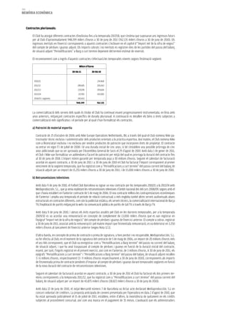 200
memòria eCONòmiCa



      Contractes plurianuals:

           El Club ha atorgat diferents contractes d’exclusiva fins a la temporada 2017/18, que s’estima que suposaran uns ingressos futurs
           per al Club d’aproximadament 948.199 milers d’euros a 30 de juny de 2011 (762.135 milers d’euros a 30 de juny de 2010). Els
           ingressos meritats en l’exercici corresponents a aquests contractes s’inclouen en el capítol d’”Import net de la xifra de negoci”
           del compte de pèrdues i guanys adjunt. Els imports cobrats i no meritats es registren dins de les partides del passiu del balanç
           de situació adjunt “Periodificacions” a llarg o curt termini depenent del termini estimat de reversió.

           El reconeixement com a ingrés d’aquests contractes s’efectuarà les temporades vinents segons l’estimació següent:

                                                      Milers d’Euros
                                               30-06-11           30-06-10


            2010/11                                        -           214.468
            2011/12                                  249.685           205.063
            2012/13                                  237.078           199.604
            2013/14                                  217.783           143.000
            2014/15 i següents                       243.653                 -
                                                   948.199             762.135


           La comercialització dels serveis dels quals és titular el Club ha continuat essent progressivament instrumentada, en línia amb
           anys anteriors, mitjançant contractes específics de durada plurianual. A continuació es detallen els béns o drets subjectes a
           comercialització més significatius i el període per al qual s’han formalitzat els contractes.

           a) Patrocini de material esportiu

             Contracte de 25 d’octubre de 2006 amb Nike Europe Operations Netherlands, BV, a través del qual el Club nomena Nike pa-
             trocinador tècnic exclusiu i subministrador dels productes orientats a la pràctica esportiva. Així mateix, el Club nomena Nike
             com a llicenciatari exclusiu i no exclusiu per vendre productes de patrocini que incorporen drets de propietat. El contracte
             va entrar en vigor l’1 de juliol de 2008 i té una durada inicial de cinc anys, si bé s’estableix una possible pròrroga de cinc
             anys addicionals que va ser aprovada per l’Assemblea General de Socis el 29 d’agost de 2007. Amb data 1 de gener de 2011,
             el Club i Nike van formalitzar un addendum a l’acord de patrocini per mitjà del qual es prorroga la duració del contracte fins
             al 30 de juny de 2018. L’import mínim garantit per temporada puja a 30 milions d’euros. Seguint el calendari de facturació
             acordat en aquest contracte, a 30 de juny de 2011 i a 30 de juny de 2010 el Club ha facturat l’import corresponent al primer
             venciment de la següent temporada, que ha registrat com a “Periodificacions a curt termini” del passiu corrent del balanç de
             situació adjunt per un import de 15.255 milers d’euros a 30 de juny de 2011, i de 15.000 milers d’euros a 30 de juny de 2010.

           b) Retransmissions televisives

             Amb data 9 de juny de 2010, el Futbol Club Barcelona va signar un nou contracte per les temporades 2010/11 a la 2013/14 amb
             Mediaproducción, S.L., que ja venia explotant les retransmissions televisives d’àmbit nacional des del curs 2008/09, segons amb el
             que s’havia establert en l’anterior contracte de 5 de maig de 2006. El nou contracte millora les contraprestacions econòmiques
             de l’anterior i amplia una temporada el període de relació contractual; a més engloba també altres serveis audiovisuals abans
             estructurats en contractes diferents, com són la publicitat estàtica, els serveis tècnics, la comercialització internacional de Barça
             TV, l’explotació de partits mitjançant la web i la comunicació pública de partits de Gol TV a través de Barça TV.

             Amb data 9 de juny de 2010, i atesos els èxits esportius assolits pel Club en les darreres temporades, per a la temporada
             2009/10 es va acordar una remuneració en concepte de complement de 13.000 milers d’euros que es van registrar en
             l’epígraf “Import net de la xifra de negocis” del compte de pèrdues i guanys de l’exercici anterior. El compte a cobrar, registrat
             a 30 de juny de 2011, associat amb la remuneració i pel mateix import que l’esmentada remuneració, es va deteriorar en 3.250
             milers d’euros al tancament de l’exercici anterior (vegeu Nota 12.1).

             D’altra banda, en concepte de prima de contracte o prima de signatura, a fons perdut i no recuperable, Mediaproducción, S.L.
             va fer efectiu al Club, en el moment de la signatura del contracte de 5 de maig de 2006, un import de 20 milions d’euros més
             el seu IVA corresponent, que el Club va enregistrar com a “Periodificacions a llarg termini” del passiu no corrent del balanç
             de situació adjunt, i que ha anat traspassant al compte de pèrdues i guanys en funció de la duració inicial del contracte,
             essent, per tant, l’ingrés registrat en el present exercici, així com en l’anterior, de 3 milions d’euros. A 30 de juny de 2011, els
             epígrafs “Periodificacions a curt termini” i “Periodificacions a llarg termini” del passiu del balanç de situació adjunt recullen
             3 i 6 milions d’euros, respectivament (3 i 9 milions d’euros respectivament a 30 de juny de 2010), corresponents als imports
             de l’esmentada prima de contracte pendents d’imputar al compte de pèrdues i guanys durant temporades següents en funció
             de la nova duració del contracte de retransmissions televisives.

             Seguint el calendari de facturació acordat en aquest contracte, a 30 de juny de 2011 el Club ha facturat els dos primers ter-
             minis corresponents a la temporada 2011/12, que ha registrat com a “Periodificacions a curt termini” del passiu corrent del
             balanç de situació adjunt per un import de 43.875 milers d’euros (38.823 milers d’euros a 30 de juny de 2010).

             Amb data 22 de juny de 2010, el Jutjat Mercantil número 7 de Barcelona va dictar acte declarant Mediaproducción, S.L en
             concurs voluntari de creditors. La proposta anticipada de conveni presentada per l’operadora en data 2 d’agost de 2010, que
             ha estat aprovada judicialment el 15 de juliol de 2011, estableix, entre d’altres, la inexistència de quitament en els crèdits
             subjectes al procediment concursal, així com una manca en el pagament de 35 mesos. L’avaluació que els administradors
 