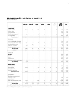 207




baLaNç De SiTuaCió Per SeCCiONS a 30 De JuNy De 2010
(Expressat en Milers d’Euros)


                                                                                                                                                                  Altres
                                                                                                                                               Altres
                                                    Primer equip        Futbol base          Bàsquet        Handbol          Hoquei                             activitats       Total
                                                                                                                                              seccions
                                                                                                                                                                 del Club


 aCTiu NO COrreNT:
 Immobilitzat intangible                                   206.125                   166         5.065           1.721                   -           160               3.059      216.296
 Immobilitzat material                                            -                     -              -                -                -                 -         121.742       121.742
 Inversions immobiliàries                                         -                     -              -                -                -                 -           6.548        6.548
 Inversions financeres a llarg termini                        7.128                     -          254                40                4            556                     -      7.982
 Actius per impost diferit                                        -                     -              -                -                -                 -          26.993       26.993
               Total actiu no corrent                      213.253                   166          5.319          1.761                  4            716             158.342      379.561


 aCTiu COrreNT:
 Actius no corrents mantinguts per a la venda                     -                     -              -                -                -                 -           4.531        4.531
 Deutors comercials i altres comptes a cobrar               15.476                     12          543            262                   9                  -          81.754       98.056
 Inversions financeres a curt termini                             -                  568               -                -                -                 -           3.537        4.105
 Periodificacions a curt termini                               528                     21              -              21                 -                 -             511         1.081
 Efectiu i altres actius líquids equivalents                      -                     -              -                -                -                 -           2.184        2.184
                 Total actiu corrent                        16.004                   601           543            283                   9                  -          92.517      109.957
                    TOTaL aCTiu                            229.257                   767          5.862          2.044                 13            716             250.859      489.518


 PaTrimONi NeT:
 fONS PrOPiS                                                      -                     -              -                -                -                 -          62.352       62.352
 Fons social                                                      -                     -              -                -                -                 -          (19.430)     (19.430)
 Reserves                                                         -                     -              -                -                -                 -           2.139        2.139
 Resultat de l'exercici                                           -                     -              -                -                -                 -          79.643       79.643
 SubveNCiONS, DONaCiONS i LLegaTS rebuTS                     (2.545)                    -              -                -                -                 -            (698)       (3.243)
                Total patrimoni net                          (2.545)                    -              -                -                -                 -          61.654       59.109


 PaSSiu NO COrreNT:
 Provisions a llarg termini                                       -                     -              -                -                -                 -          (45.721)     (45.721)
 Deutes a llarg termini                                    (49.948)                     -          (820)          (110)           (102)              (100)              (339)      (51.419)
 Passius per impost diferit                                       -                     -              -                -                -                 -          (1.080)       (1.080)
 Periodificacions a llarg termini                                 -                     -              -                -                -                 -         (15.960)      (15.960)
               Total passiu no corrent                     (49.948)                     -          (820)           (111)          (102)              (100)           (63.100)     (114.180)


 PaSSiu COrreNT:
 Passius vinculats amb actius no corrents
 mantinguts per a la venda                                        -                     -              -                -                -                 -          (1.500)       (1.500)
 Deutes a curt termini                                            -                     -              -                -                -                 -         (114.241)    (114.241)
 Creditors comercials i altres comptes a pagar              (75.941)                    -        (1.400)          (612)               (213)              (30)       (166.296)    (244.492)
 Periodificacions a curt termini                            (1.000)                  (302)        (1.137)             (25)               -                 -          (71.750)     (74.214)
                Total passiu corrent                        (76.941)                 (302)       (2.537)          (637)               (213)              (30)       (353.787)    (434.447)
        TOTaL PaTrimONi NeT i PaSSiu                       (129.434)                 (302)       (3.357)          (748)               (315)          (130)          (355.233)     (489.518)

Aquest annex forma part integrant de la Nota 20 de la memòria dels comptes anuals.
 