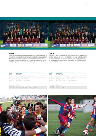 29




Cadet a                                                                             Cadet B
L’equip de García Pimienta va segellar una temporada brillant guanyant totes les    Fran Artiga va debutar com a tècnic del futbol formatiu amb una excel·lent tem-
competicions disputades. Dominadors d’una manera plàcida de la Lliga, el Cadet      porada al capdavant del Cadet B. Durant tot el curs, el Barça i el Gavà van lluitar
A blaugrana va assegurar-se el torneig de la regularitat cinc jornades abans        per fer-se amb el primer lloc de la Lliga Preferent Cadet, però finalment van
del final. Al Campionat de Catalunya, tot i les nombroses baixes que va patir, el   ser els blaugranes els que van guanyar, i van revalidar així el títol aconseguit la
Cadet A blaugrana es va imposar a la final a l’Espanyol a la tanda de penals.       temporada 2009/10.




posiCiÓ         noM i CoGnoMs                                                       posiCiÓ         noM i CoGnoMs
Porters         Pol, Joseph                                                         Porters         Pol, Ernest, Onana

Defenses        Marc, Godswill, Roger, Pol, Pau, Glauder, Álex                      Defenses        Fran, Quinti, Carlos, Dani, Sergi, Aleix, Juanma, Musta

Migcampistes    Pau, Sergi, Simón, Jon, Iu, Mara                                    Migcampistes    Álex, Enguene, Kaptoum, David, David Soto, James

Davanters       Héctor, Romano, Keita, Sandro, Maxi                                 Davanters       Sebas, Adama, Saavedra, Toni, Sergio, Moha, Mamadou

Entrenador      Francisco, Javier, García                                           Entrenador      Francesc Artiga

2n Entrenador   Ramon Ros                                                           2n Entrenador   Andrés Martín

ClassiFiCaCiÓ   1r classificat de la lliga. Campió del Campionat de Catalunya       ClassiFiCaCiÓ   1r classificat de la lliga
 