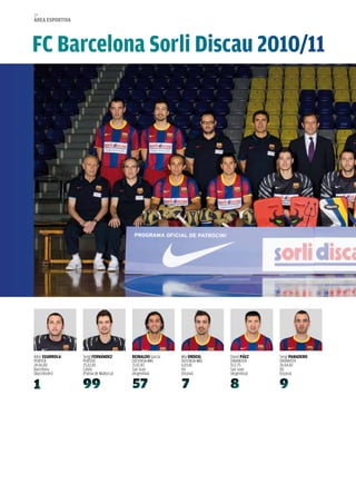 64
àrea esportiva




FC Barcelona sorli Discau 2010/11




Aitor eGUrroLa   Sergi FerNÁNDeZ       reiNaLDo García   Mia orDeiG    David pÁeZ    Sergi paNaDero
PORTER           PORTER                DEfEnSA-MiG       DEfEnSA-MiG   DAvAnTER      DAvAnTER
24.06.80         25.02.85              15.01.83          6.03.81       9.12.75       26.04.82
Barcelona        Calvià                San Juan          vic           San Juan      vic
(Barcelonès)     (Palma de Mallorca)   (Argentina)       (Osona)       (Argentina)   (Osona)
 