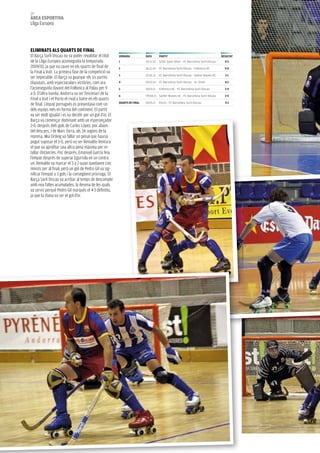 68
àrea esportiva
Lliga Europea




eLiMiNats aLs qUarts De FiNaL
El Barça Sorli Discau no va poder revalidar el títol      JorNaDa           Data       partit                                         resULtat
de la Lliga Europea aconseguida la temporada              1                 20.11.10   SCRA Saint Omer - FC Barcelona Sorli-Discau      0-5
2009/10, ja que va caure en els quarts de final de        2                 18.12.10   FC Barcelona Sorli-Discau - Follonica HC         9-0
la final a vuit. La primera fase de la competició va
                                                          3                 22.01.11   FC Barcelona Sorli-Discau - Sather Blanes HC     5-1
ser impecable. El Barça va guanyar els sis partits
disputats, amb espectaculars victòries, com ara           4                 19.02.10 FC Barcelona Sorli-Discau - St. Omer               8-2
l’aconseguida davant del follonica al Palau per 9         5                 19.03.11   Follonica HC - FC Barcelona Sorli-Discau         2-4
a 0. D’altra banda, Andorra va ser l’escenari de la       6                 09.04.11 Sather Blanes HC - FC Barcelona Sorli-Discau       2-4
final a vuit i el Porto el rival a batre en els quarts
                                                          qUarts De FiNaL   19.05.11   Porto - FC Barcelona Sorli-Discau                4-3
de final. L’equip portuguès es presentava com un
dels equips més en forma del continent. El partit
va ser molt igualat i es va decidir per un gol d’or. El
Barça va començar dominant amb un esperançador
2-0, després dels gols de Carlos López, poc abans
del descans, i de Marc Torra, als 34 segons de la
represa. Mia Ordeig va fallar un penal que hauria
pogut suposar el 3-0, però va ser Reinaldo ventura
el que va aprofitar una altra pena màxima per re-
tallar distàncies. Poc després, Emanuel García feia
l’empat després de superar Egurrola en un contra
un. Reinaldo va marcar el 3 a 2 quan quedaven cinc
minuts per al final, però un gol de Pedro Gil va sig-
nificar l’empat a 3 gols i la consegüent pròrroga. El
Barça Sorli Discau va arribar al temps de descompte
amb nou faltes acumulades, la desena de les quals
va servir perquè Pedro Gil marqués el 4-3 definitiu,
ja que la diana va ser el gol d’or.
 