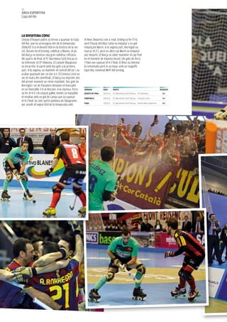 70
àrea esportiva
Copa del Rei




La DivUiteNa Copa!
L’equip d’hoquei patins va tornar a guanyar la Copa       el Reus Deportiu com a rival. Ordeig va fer l’1-0,
del Rei, que no aconseguia des de la temporada            però l’equip del Baix Camp va empatar a un gol
2006/07. Era el divuitè títol en la història de la sec-   mitjançant Marín. A la segona part, Borregán va
ció. Durant tot el torneig, celebrat a Blanes, el joc     marcar el 2-1, però un altre cop Marín va empatar
del Barça va mostrar una gran solidesa i eficàcia.        poc després. El Barça va saber mantenir el cap fred
Als quarts de final, el fC Barcelona Sorli Discau es      en el moment de màxima tensió i els gols de Torra
va enfrontar al CP vilanova. El conjunt blaugrana         i Páez van suposar el 4-2 final. El Reus va intentar
va encarrilar el partit amb dos gols a la primera         la remuntada però es va topar amb un magnífic
part. A la segona, va mantenir el control del joc i va    Egurrola, nomenat MvP del torneig.
acabar guanyant per un clar 6-1. El Coinasa Liceo va
ser el rival a les semifinals. El Barça va imprimir des
del primer moment un ritme trepidant. Dos gols de
Borregán i un de Panadero deixaven el marcador
en un favorable 3-0 al descans. A la represa, Torra       JorNaDa           Data       partit                                             resULtat
va fer el 4-0 i el conjunt gallec només va maquillar      qUarts De FiNaL   24.02.11   FC Barcelona Sorli Discau - CP Vilanova              6-1
el resultat amb un gol de Lamas que va suposar            seMiFiNaLs        26.02.11   FC Barcelona Sorli Discau - Coinasa Liceo            4-1
el 4-1 final. Un únic partit quedava als blaugranes
                                                          FiNaL             27.02.11   FC Barcelona Sorli Discau - Tecnol Reus Deportiu     4-2
per assolir el segon títol de la temporada amb
 