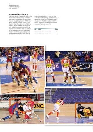 72
àrea esportiva
Supercopa d’Espanya
Copa Continental



UN GoL D’or DÓNa eL títoL aL viC
El Barça i el vic, com a campions de Lliga i de Copa   igualar l’eliminatòria amb el 0-3 amb què es va
del Rei, respectivament, van jugar la final de la      acabar el partit. A la pròrroga, Reinaldo va enviar al
Supercopa d’Espanya, que va tenir un desenllaç         pal una falta directa i en l’acció següent, Titi Roca,
inesperat. L’equip blaugrana tenia el títol a tocar    mitjançant una altra falta directa, va fer el 0-4
després de la seva victòria en el partit d’anada       definitiu. Amb aquest gol d’or el vic va guanyar la
disputat a vic per 2 a 5. Els de ferran Pujalte van    seva segona Supercopa consecutiva.
començar per sota en el marcador, però en un
partit molt seriós van capgirar el resultat i van
emportar-se una important renda que semblava           Data      partit                               resULtat
que els donaria el torneig. Però no va ser així.       18.09.10 Roncato Patí Vic - FCB Sorli Discau     2-5
El conjunt barcelonista es va veure sorprès per
                                                       26.09.10 FCB Sorli Discau - Roncato Patí Vic     0-4
l’eficàcia golejadora visitant. L’equip vigatà va
 