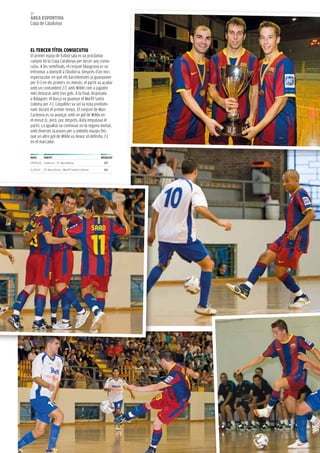 84
àrea esportiva
copa de catalunya




eL terCer tÍtoL CoNseCUtiU
El primer equip de futbol sala es va proclamar
campió de la copa catalunya per tercer any conse-
cutiu. a les semifinals, el conjunt blaugrana es va
enfrontar a domicili a l’andorra. Després d’un inici
espectacular en què els barcelonistes ja guanyaven
per 0-3 en els primers sis minuts, el partit va acabar
amb un contundent 2-7, amb Wilde com a jugador
més destacat amb tres gols. a la final, disputada
a Balaguer, el Barça va guanyar el Marfil Santa
coloma per 2-1. l’equilibri va ser la nota predomi-
nant durant el primer temps. El conjunt de Marc
carmona es va avançar amb un gol de Wilde en
el minut 11, però, poc després, Rafa empatava el
partit. la igualtat va continuar en la segona meitat,
amb diverses ocasions per a ambdós equips fins
que un altre gol de Wilde va deixar el definitiu 2-1
en el marcador.


Data       partit                               resULtat
09.09.10 Andorra - FC Barcelona                   2-7

11.09.10   FC Barcelona - Marfil Santa Coloma     2-1
 