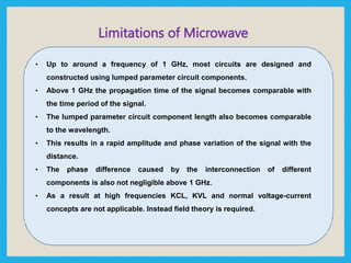 Limitations of Microwave
• Up to around a frequency of 1 GHz, most circuits are designed and
constructed using lumped parameter circuit components.
• Above 1 GHz the propagation time of the signal becomes comparable with
the time period of the signal.
• The lumped parameter circuit component length also becomes comparable
to the wavelength.
• This results in a rapid amplitude and phase variation of the signal with the
distance.
• The phase difference caused by the interconnection of different
components is also not negligible above 1 GHz.
• As a result at high frequencies KCL, KVL and normal voltage-current
concepts are not applicable. Instead field theory is required.
 