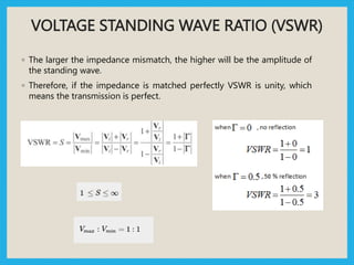 VOLTAGE STANDING WAVE RATIO (VSWR)
◦ The larger the impedance mismatch, the higher will be the amplitude of
the standing wave.
◦ Therefore, if the impedance is matched perfectly VSWR is unity, which
means the transmission is perfect.
 