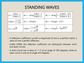STANDING WAVES
◦ A reflection coefficient (
) with a magnitude of zero is a perfect match, a
value of one is perfect reflection.
◦ Unlike VSWR, the reflection coefficient can distinguish between short
and open circuits.
◦ A short circuit has a value of -1 (1 at an angle of 180 degrees), while an
open circuit is one at an angle of 0 degrees.
 