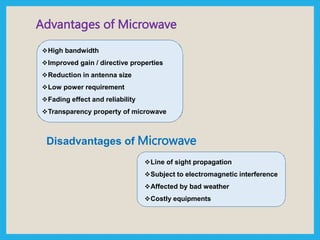 Advantages of Microwave
High bandwidth
Improved gain / directive properties
Reduction in antenna size
Low power requirement
Fading effect and reliability
Transparency property of microwave
Disadvantages of Microwave
Line of sight propagation
Subject to electromagnetic interference
Affected by bad weather
Costly equipments
 